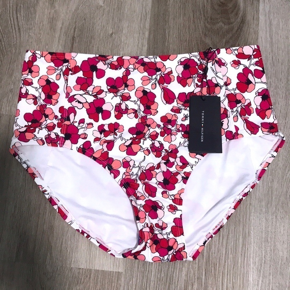Tommy Hilfiger High Waisted Floral Pink Red White Swim Bikini Bottom Magenta - Picture 2 of 9